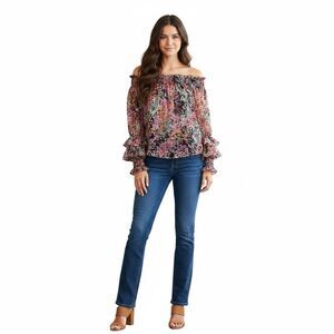 CeCe Off-shoulder Black Floral Print with smocking and ruffles